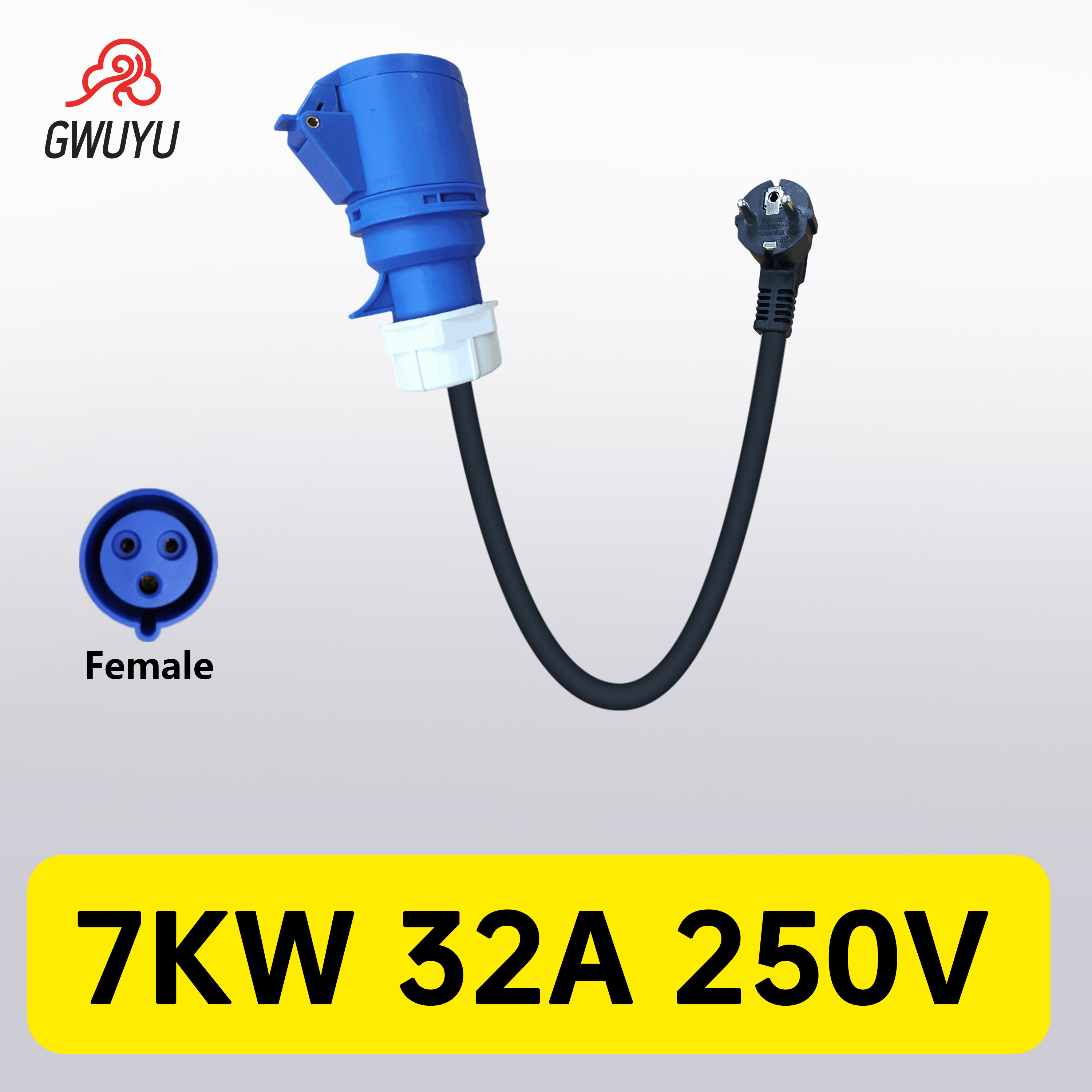 Type2 電気自動車アダプター ポータブル充電器用 250V 32A 7KW ブルー CEE ソケットメスプラグ、16A 3.5KW オスに接続