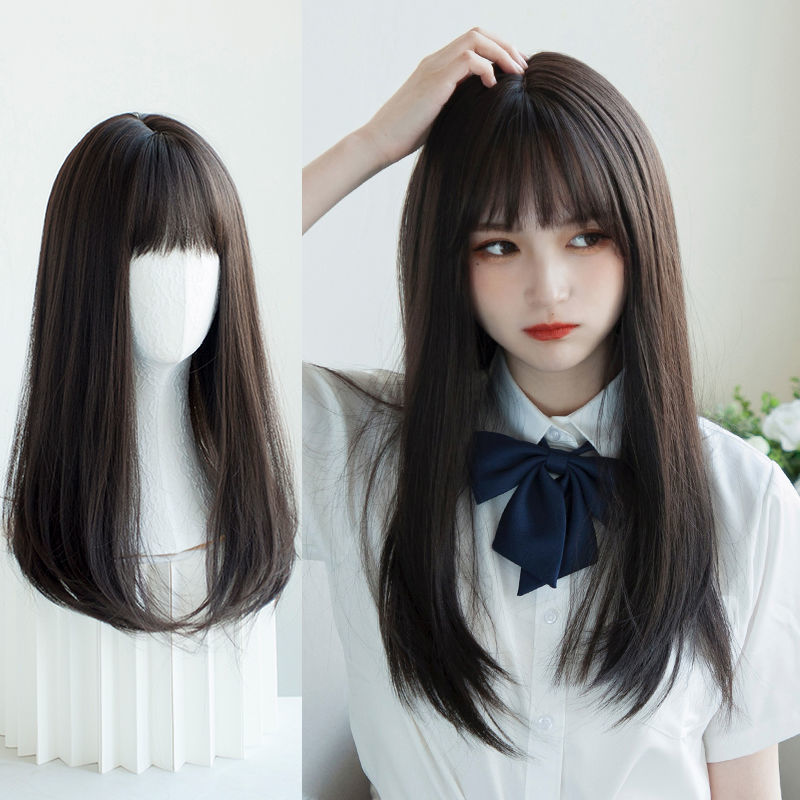 韓国ヘアエクステンション合成かわいい JK ガールコスプレ空気前髪かつら通気性ヘッドカバー 50 センチメートルロングストレートウィッグ帽子女性のための