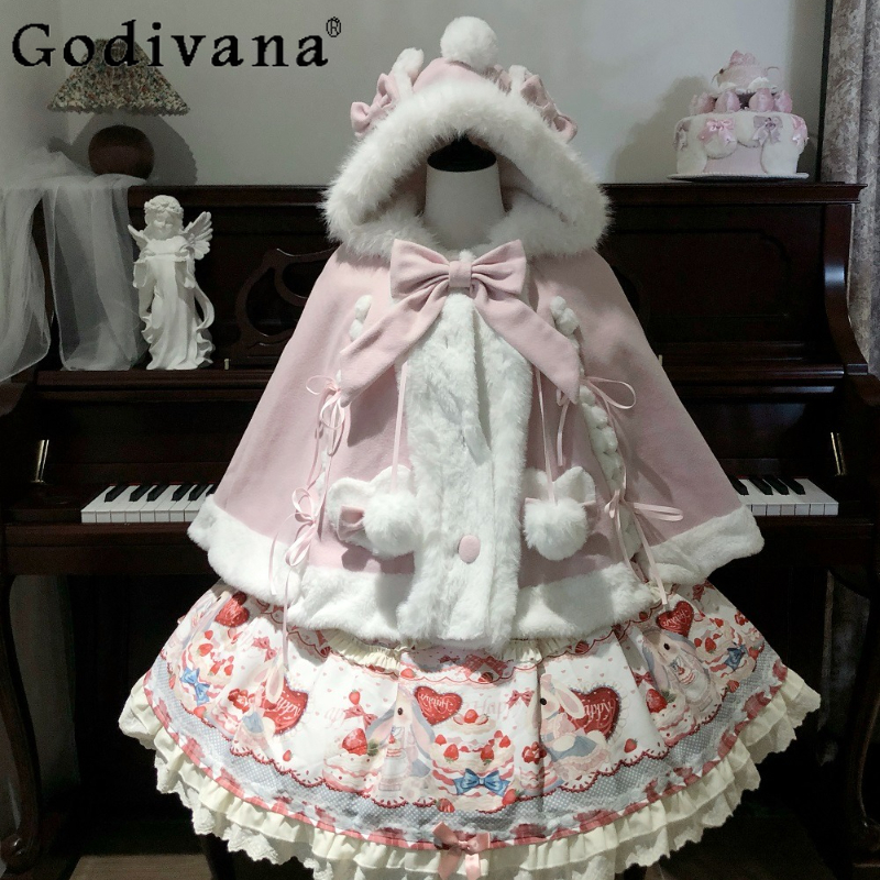 オリジナル日本ソフト女の子ピンクロリータフード付きマント冬の新ぬいぐるみ暖かいシングルブレストショートジャケット女性の Y2K ポンチョ