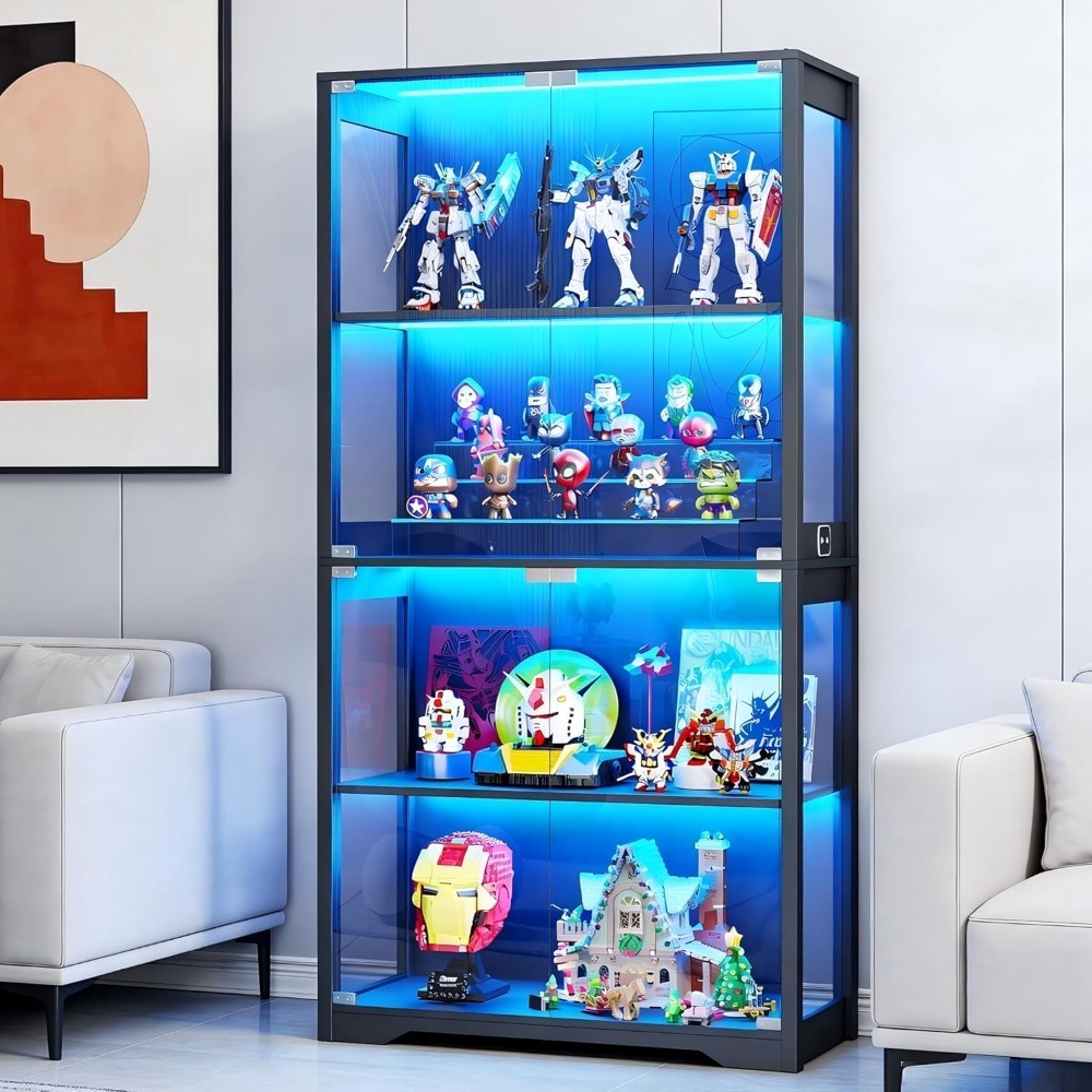 ガラス扉付きディスプレイキャビネット、LEDライト3個と人体センサー付きキュリオキャビネット、棚4枚付き本棚、カスタマイズ