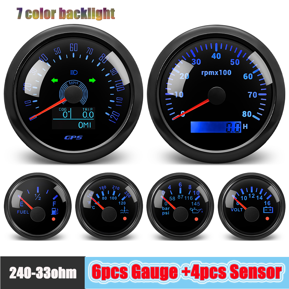 ブラック 85 ミリメートル GPS スピードメーター 80MPH 防水 6 ゲージキットフィットカーボートマリンガソリン車両タコメーター水温燃料ゲージ