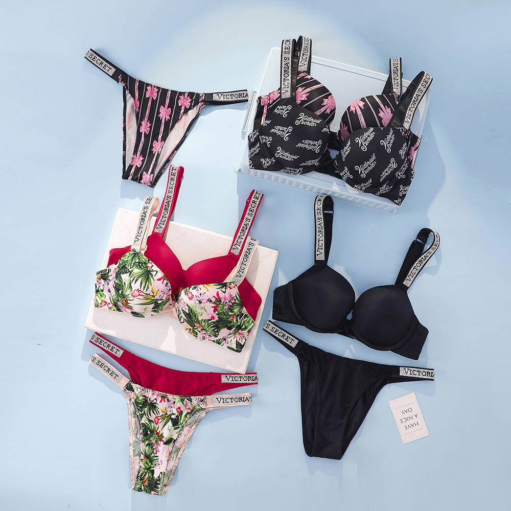 Victoria s Secret Rhinestone Logo Shoulder Straps Lace Underwear Sexy Lingerie Set Push Up Bra And Panties Set For Women