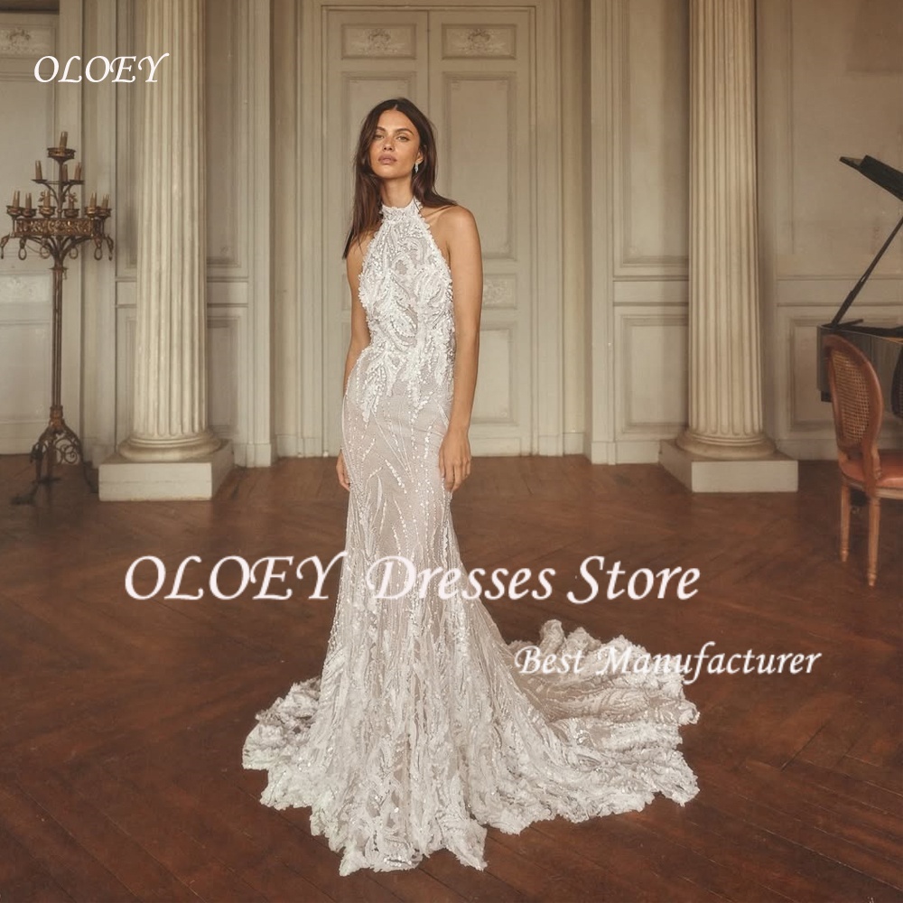 OLOEY カスタマイズされたホルターネックノースリーブ高品質レースマーメイドウェディングドレス背中の開いたカスタムブライダルドレスvestidoデノビア