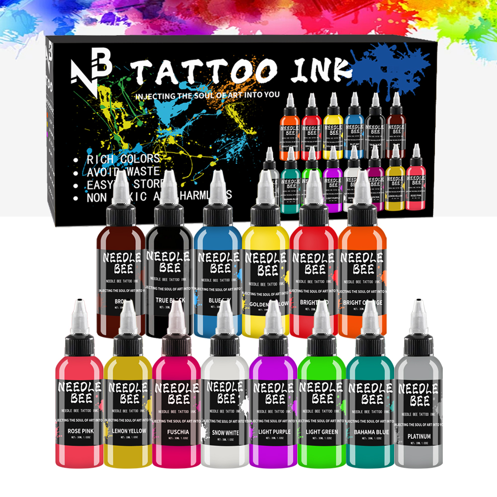 Goldplume プロフェッショナルタトゥーインクセット - 7/14 色 30ml (1.1オンス)、長持ちするボディアートと絵画顔料、プロフェッショナル無臭タトゥーインク、さまざまなデザインに最適