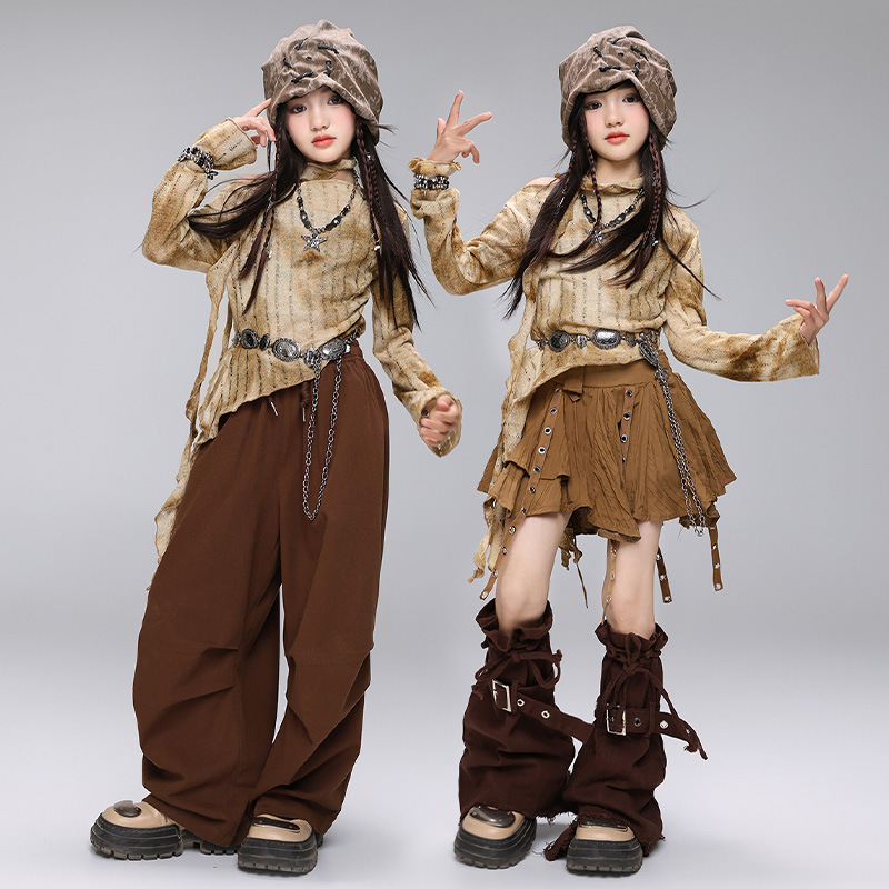 子供ヒップホップ服ユーズド加工クロップトップ Tシャツコーヒーカジュアルワイドパンツストラッププリーツスカート女の子のためのダンス衣装服