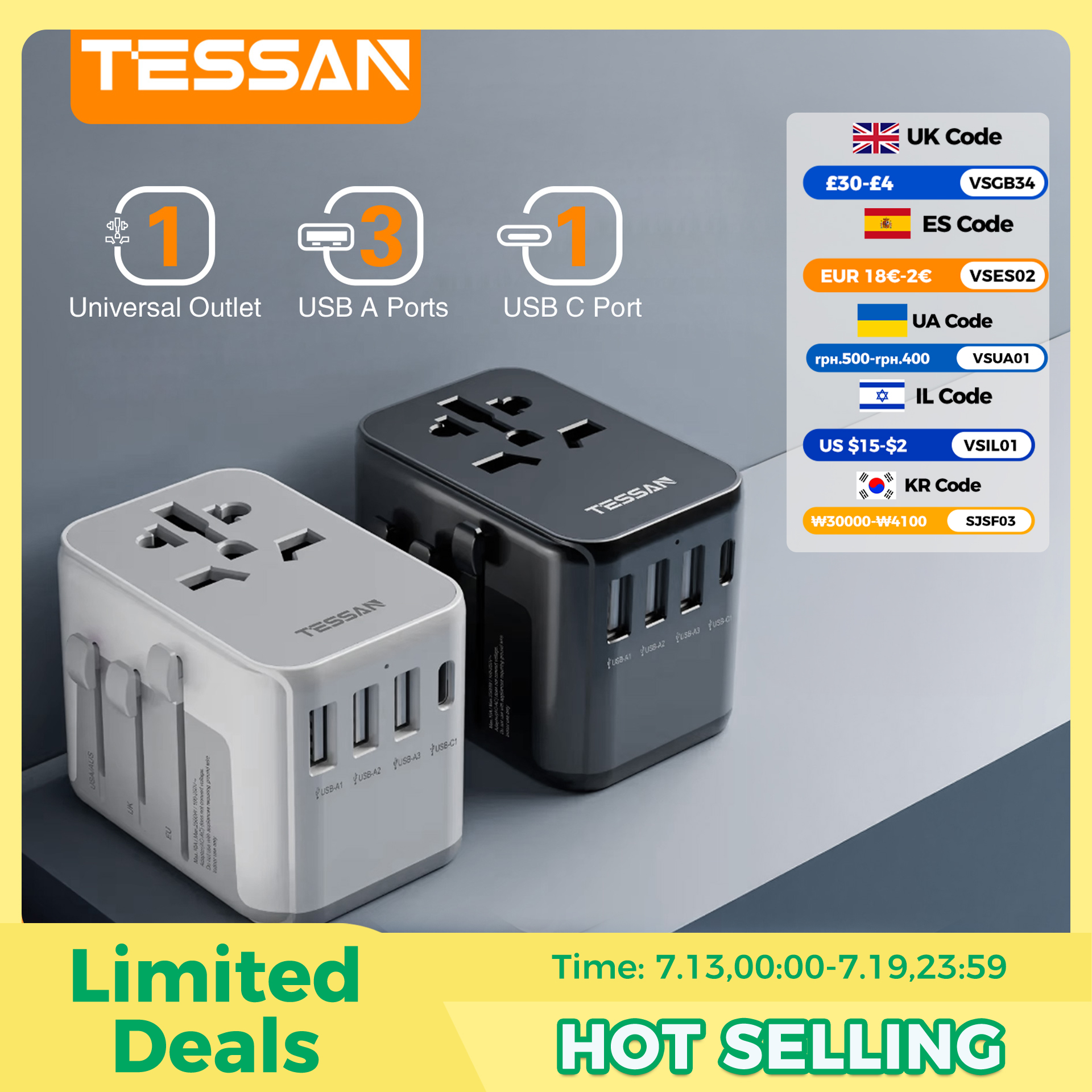 TESSAN ユニバーサルトラベルアダプター USB ポートとタイプ C 付き、ワールドワイド電源アダプター 海外旅行用 EU/UK/USA/AUS プラグ