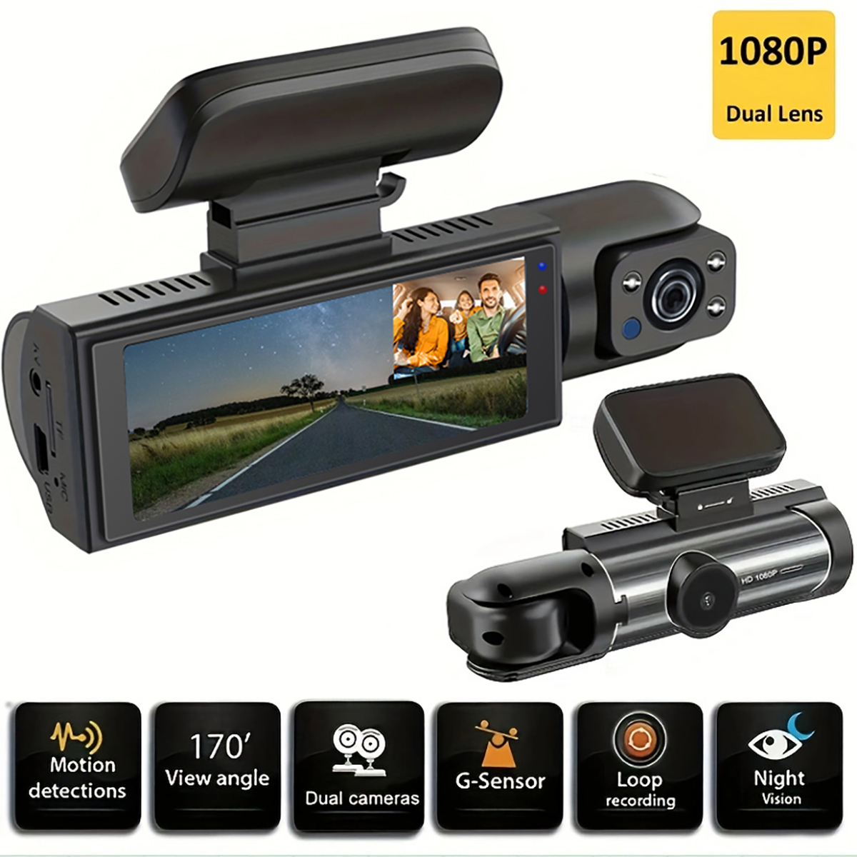 デュアルレンズ車カメラ DVR 1080P フロントインテリアビューダッシュカム車両ビデオレコーダーナイトビジョンループ録画ブラックボックス