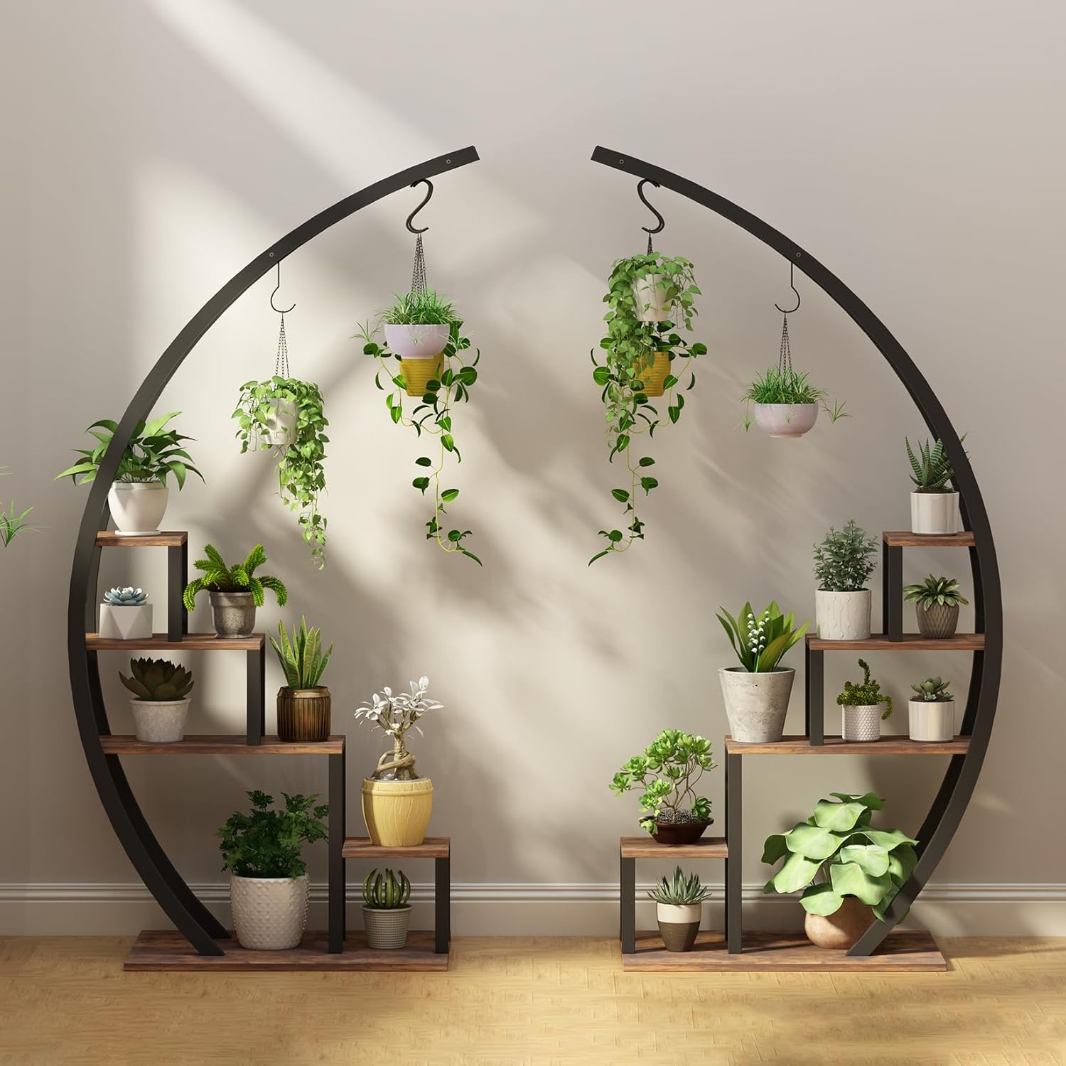 2 個 5 段金属製植物スタンド屋内半月形状背の高い庭の植物ホルダーラウンド花棚ラック家庭用パティオ芝生リビング