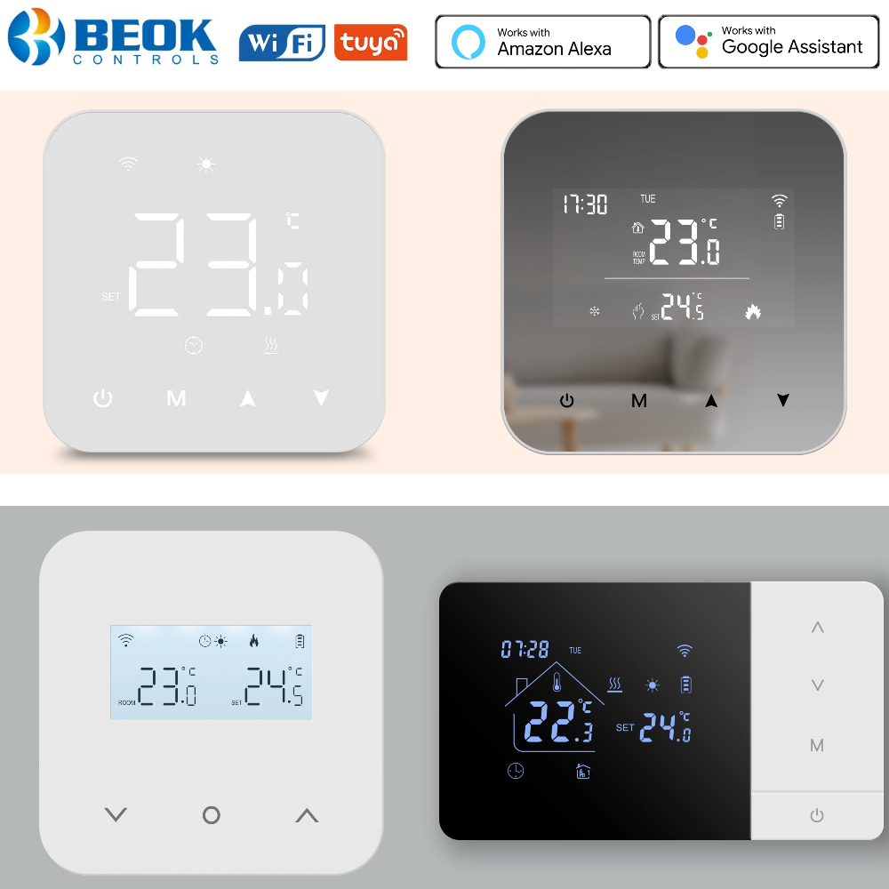 Beok Tuya Wifi ボイラーサーモスタットスマート接続温度コントローラー低電力バッテリー温度調節器 Alexa Google ホーム用