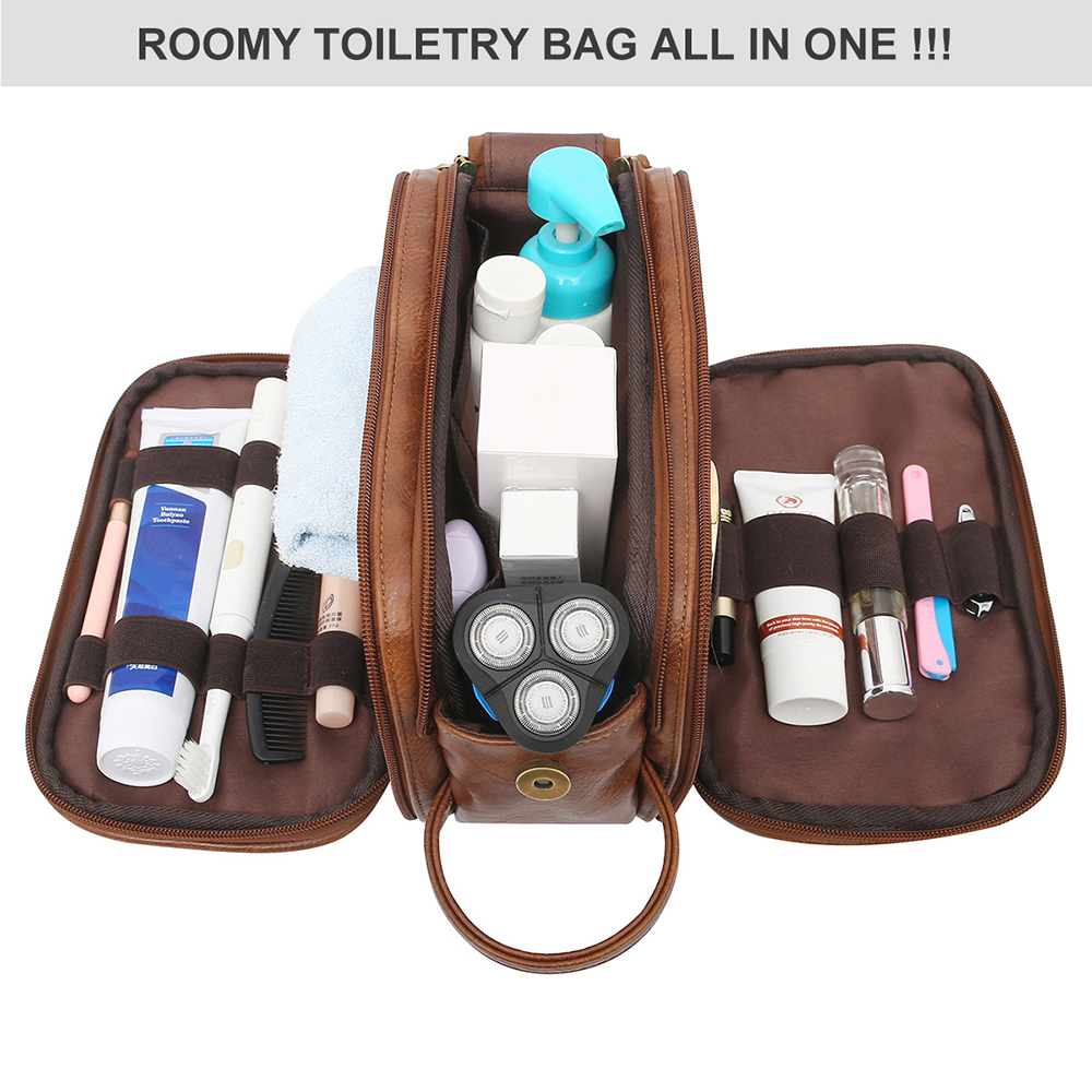 男性用トイレタリーバッグ、大型トラベルシェービングドップキット耐水性バスルームアメニティオーガナイザーPUレザー化粧品バッグ