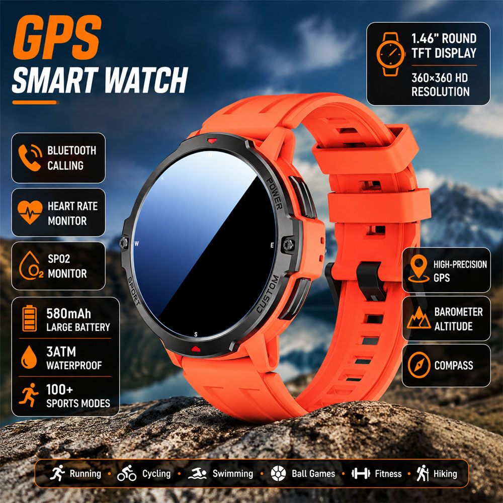新しい 6 軸ジャイロスコープ軍事 GPS スマートウォッチ 3ATM 防水 580mAh バッテリースポーツ腕時計スマートウォッチ男性女性 Android