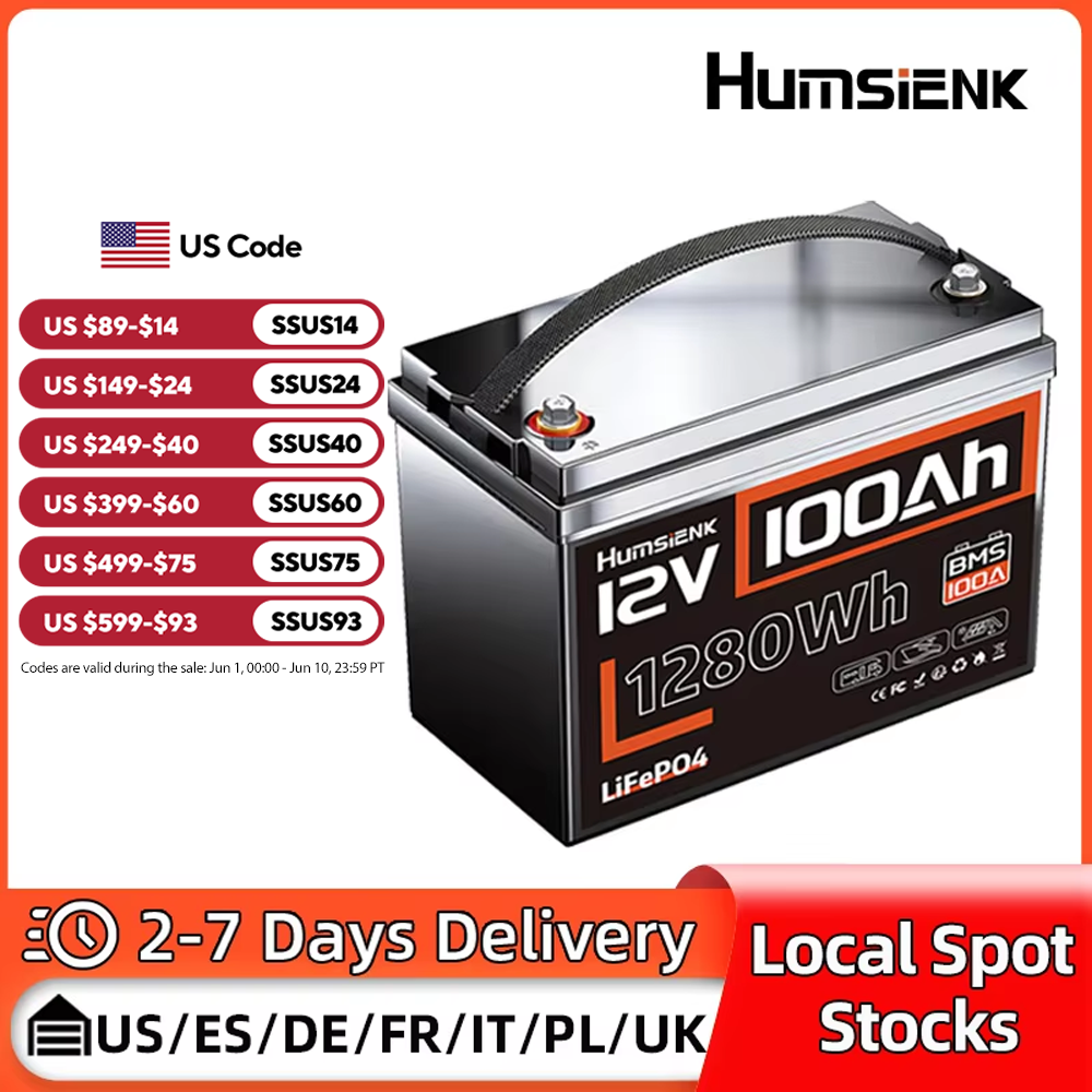 Humsienk 12V 100Ah 内蔵 100A BMS リチウムリン酸鉄バッテリーパック RV/バン/トローリングモーター/ゴルフカート/キャンプ/UL 1973用