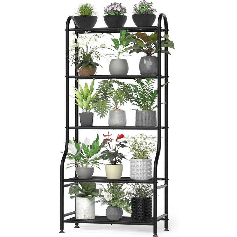 5段背の高い金属製植物スタンド 調節可能な屋内屋外垂直フラワーホルダー レベリングフィートと壁キット付き
