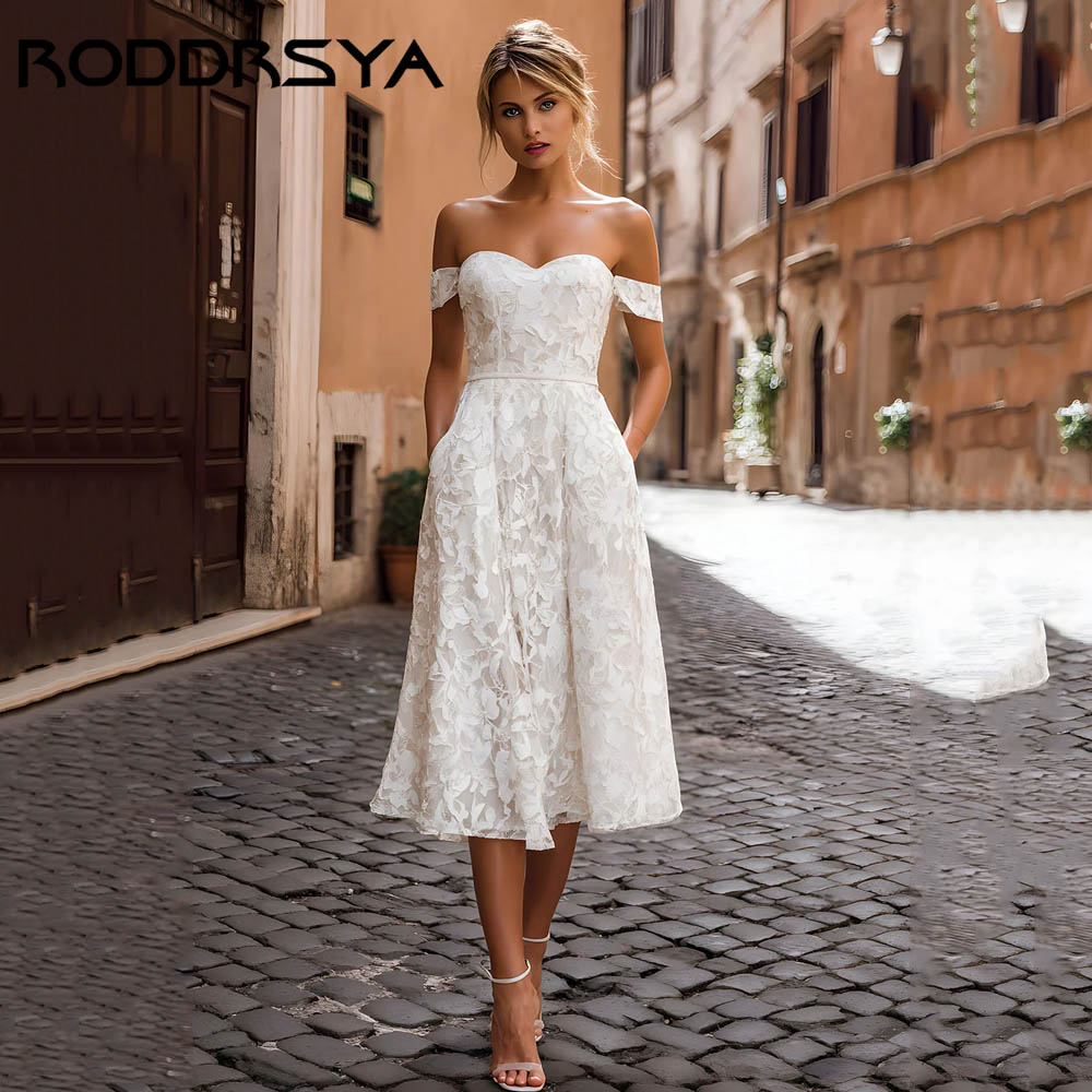 RODDRSYA ホワイトオフショルダーミディウェディングドレス A ラインアップリケ行事ガウン恋人バックレス Vestidos デノビアカスタマイズ