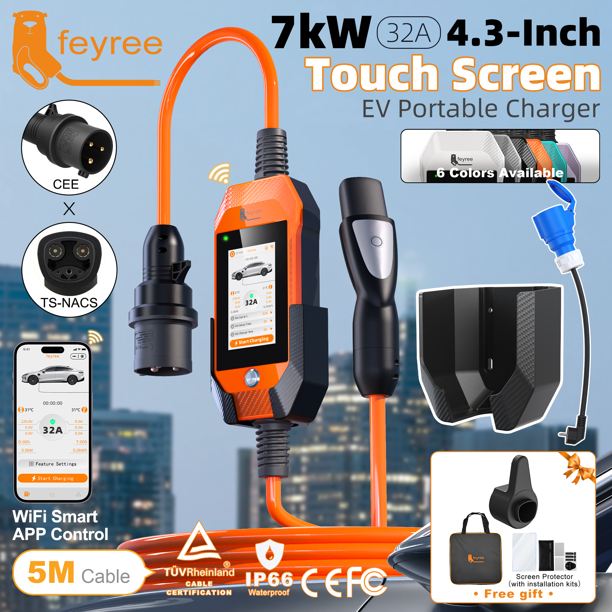 feyree 4.3 インチタッチスクリーン EV 充電器 7kW 32A 1 相 TS-NACS ソケットスマート WIFI APP 制御 EVSE ポータブルボックス テスラ EV 車用
