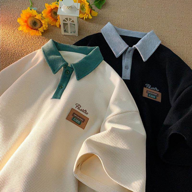 夏のメンズコントラストカラー半袖ポロシャツワッフル Y2K ヴィンテージストリートポロ Tシャツカジュアル通気性ゴルフウェア