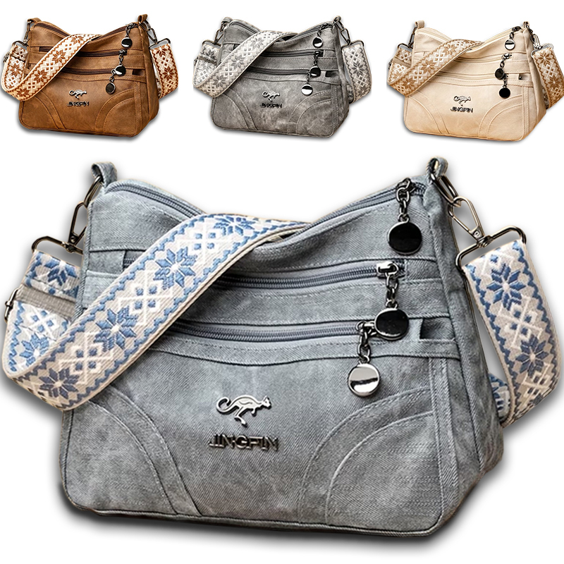 Spacious Women's Multi‑pocket Shoulder Purse, Vintage Soft Leather Crossbody Bag with Ethnic Pattern Strap for Everyday Life