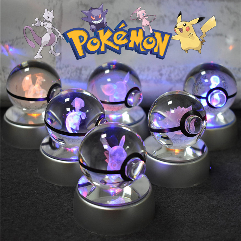 ポケモンクリスタルボール 3D ピカチュウゲンガーミュウツーナイトライトランプモンスターボール 3D ガラスポケモンクリスタルボール像子供の誕生日ギフト