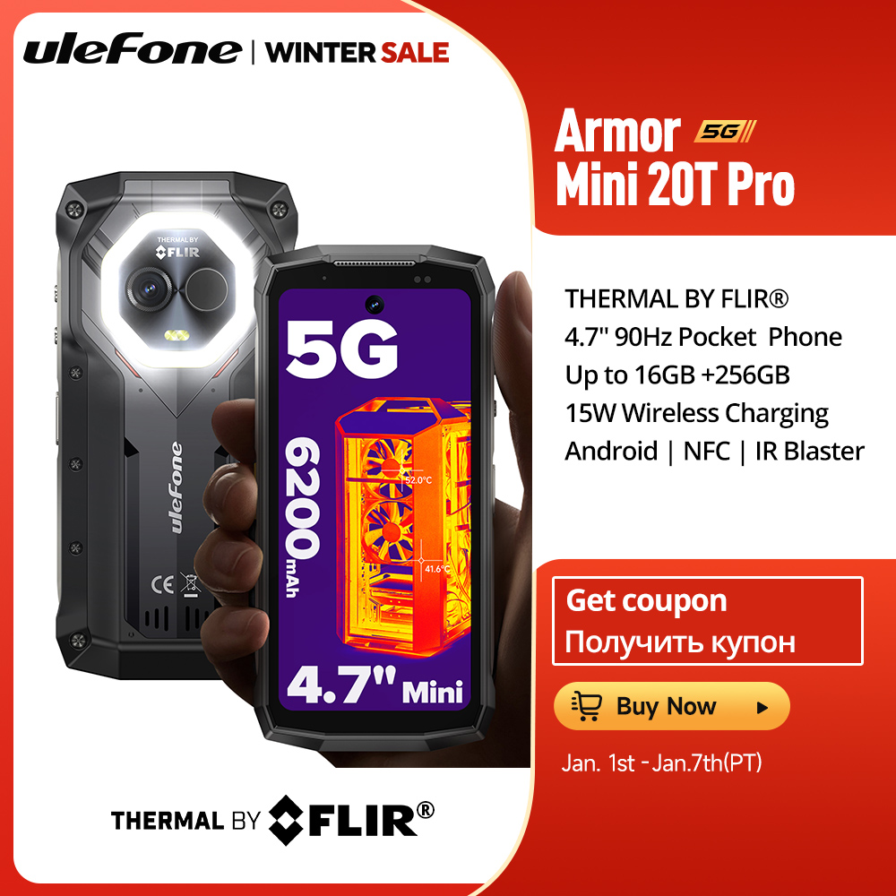 Ulefone Armor Mini 20T Pro 5G THERMAL BY FLIR® 4.7 インチ頑丈な電話 Android 14 スマートフォン 256GB ROM 携帯電話サーマルイメージング