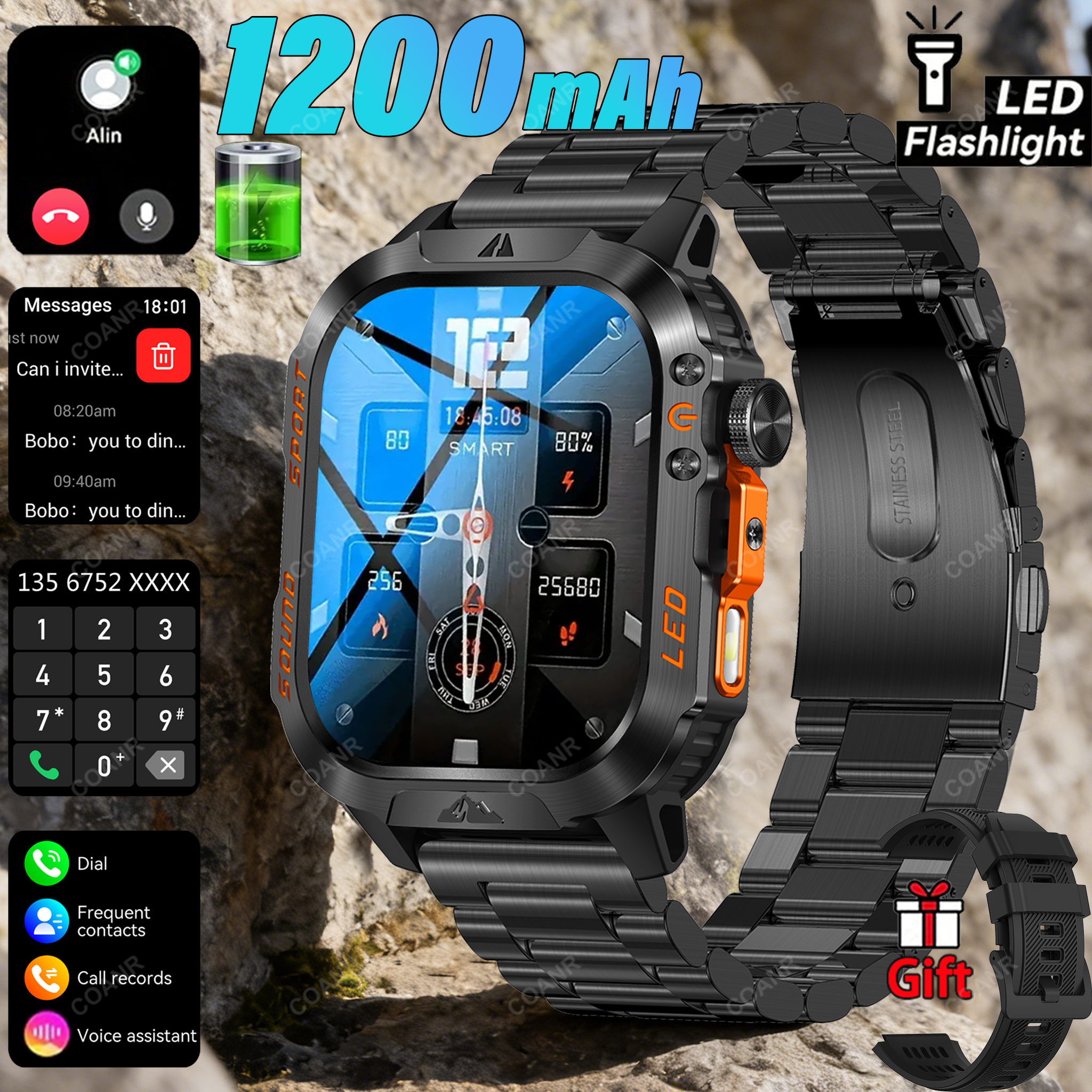 COANR 新 1200mAh 大バッテリー軍事アウトドアスポーツスマートウォッチ LED 懐中電灯ワイヤレス通話スマートウォッチ男性フィットネス追跡