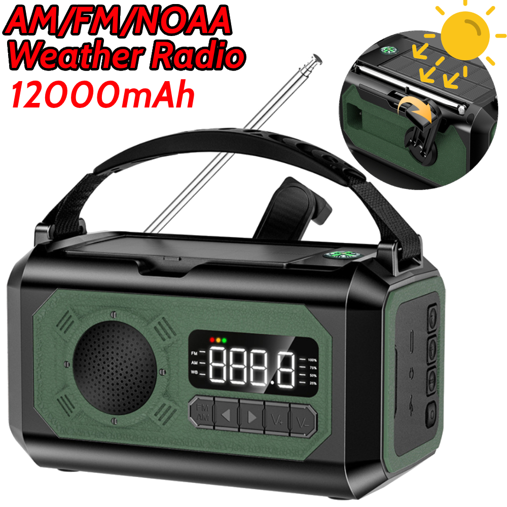12000mAh 緊急気象ラジオ読書ランプソーラーハンドクランク AM/FM/NOAA 気象ラジオパワーバンク SOS アラーム屋外キャンプ用