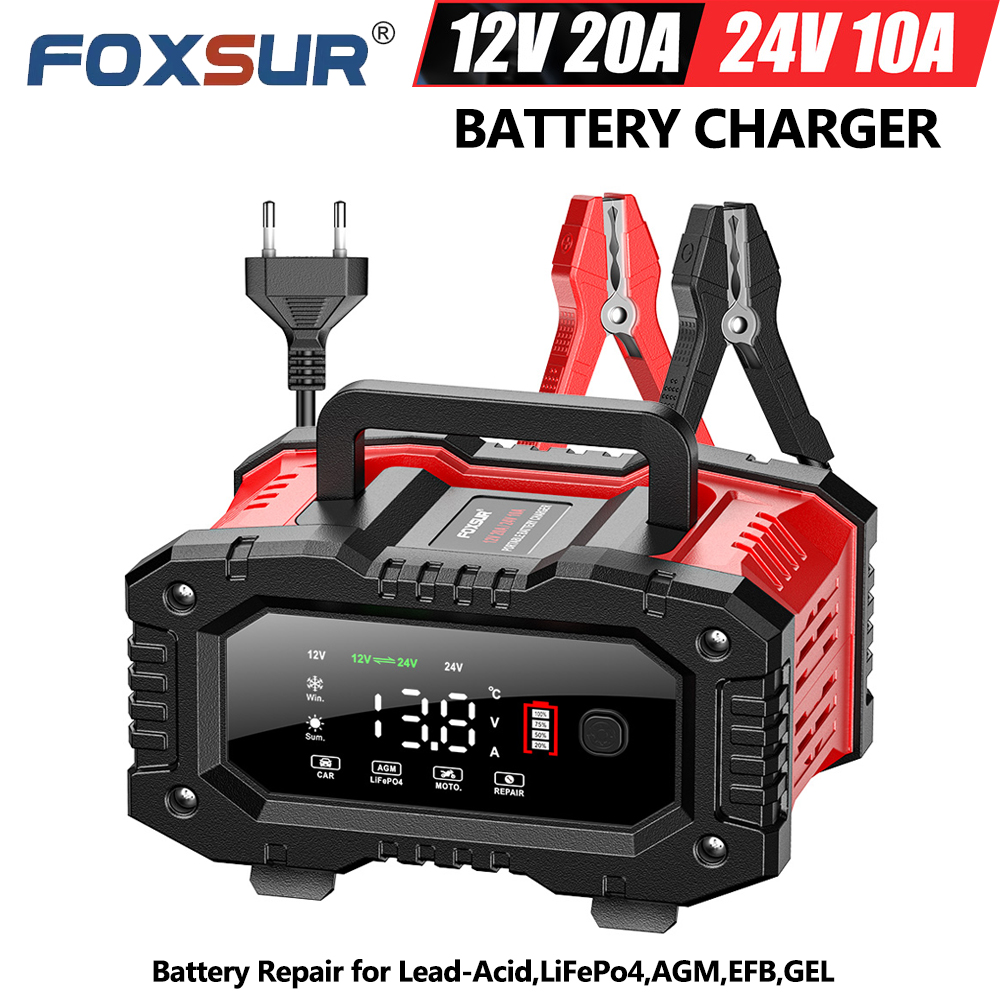 FOXSUR 12V 24V FPT100 FPT200 車のバッテリー充電器モト用トラックバッテリー修理鉛酸 AGM LiFePo4 EFB ゲルウェット