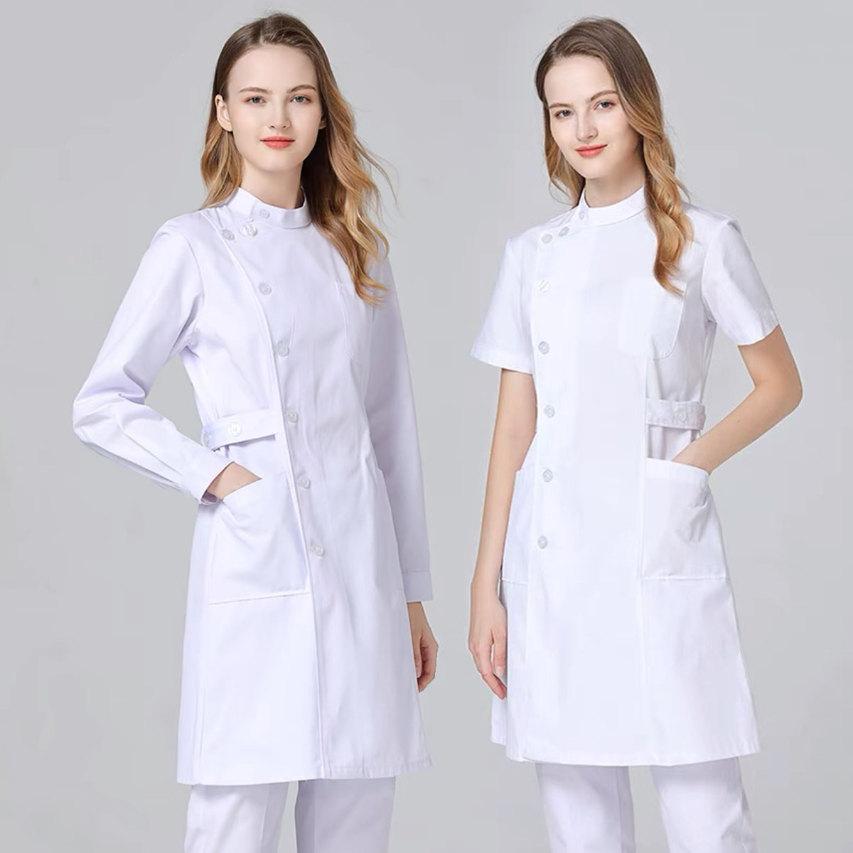 新品質の医療制服白ナースロングコート病院衣装ラボローブ美容サロン作業服女性ナーススクラブ服