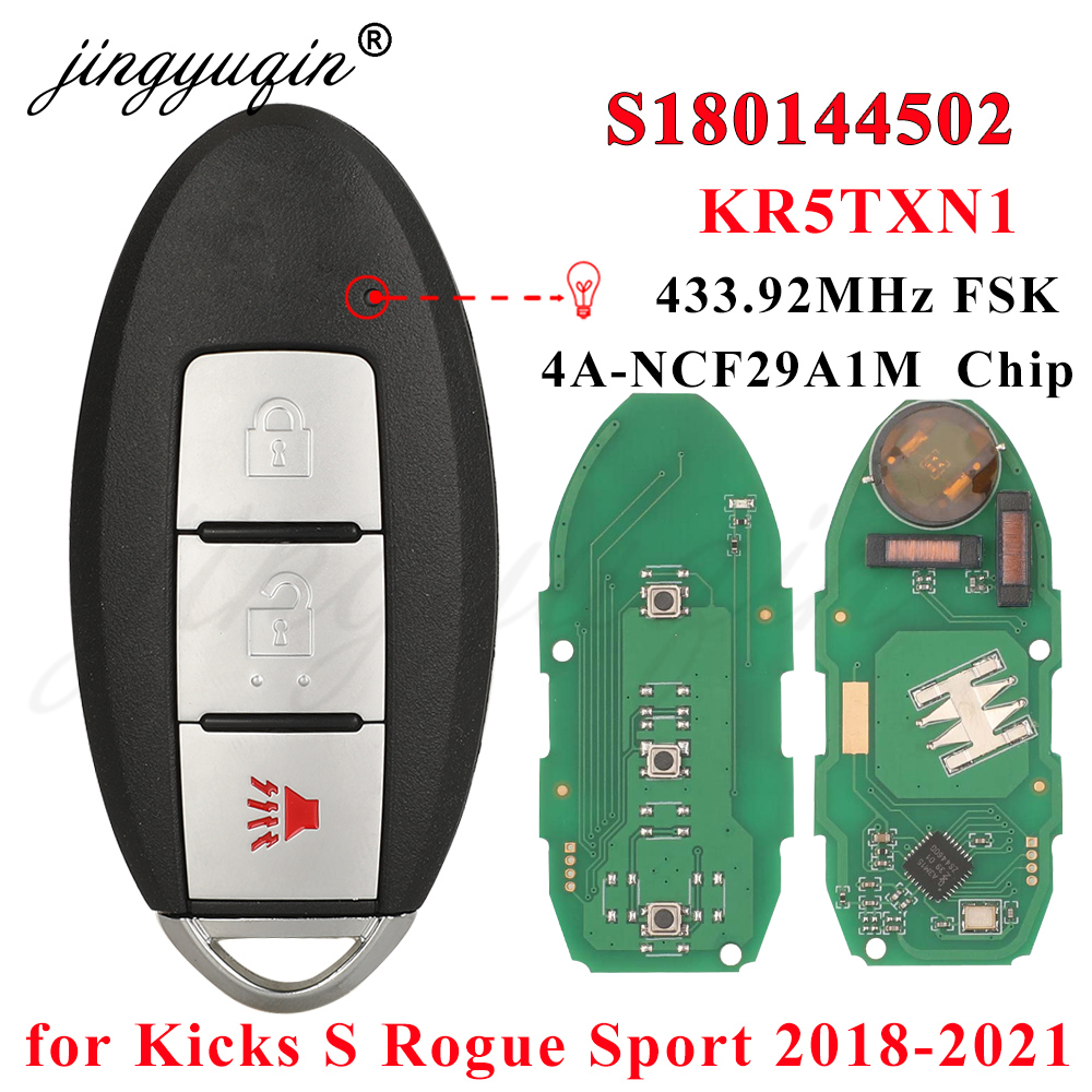 Jingyuqin S180144502 スマート車のキー日産キック S ローグスポーツ 2018 2019 近接 Fob 433Mhz チップ 4A 285E3-5RA0A KR5TXN1