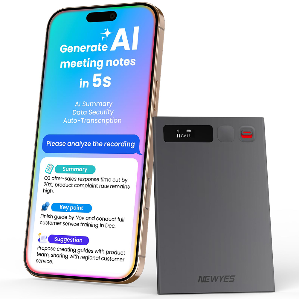 AI音声レコーダー NEWYES Ailog音声レコーダーデバイス アプリ制御、文字起こし、要約機能付き 64GBメモリ スマートオーディオレコーダー 2026