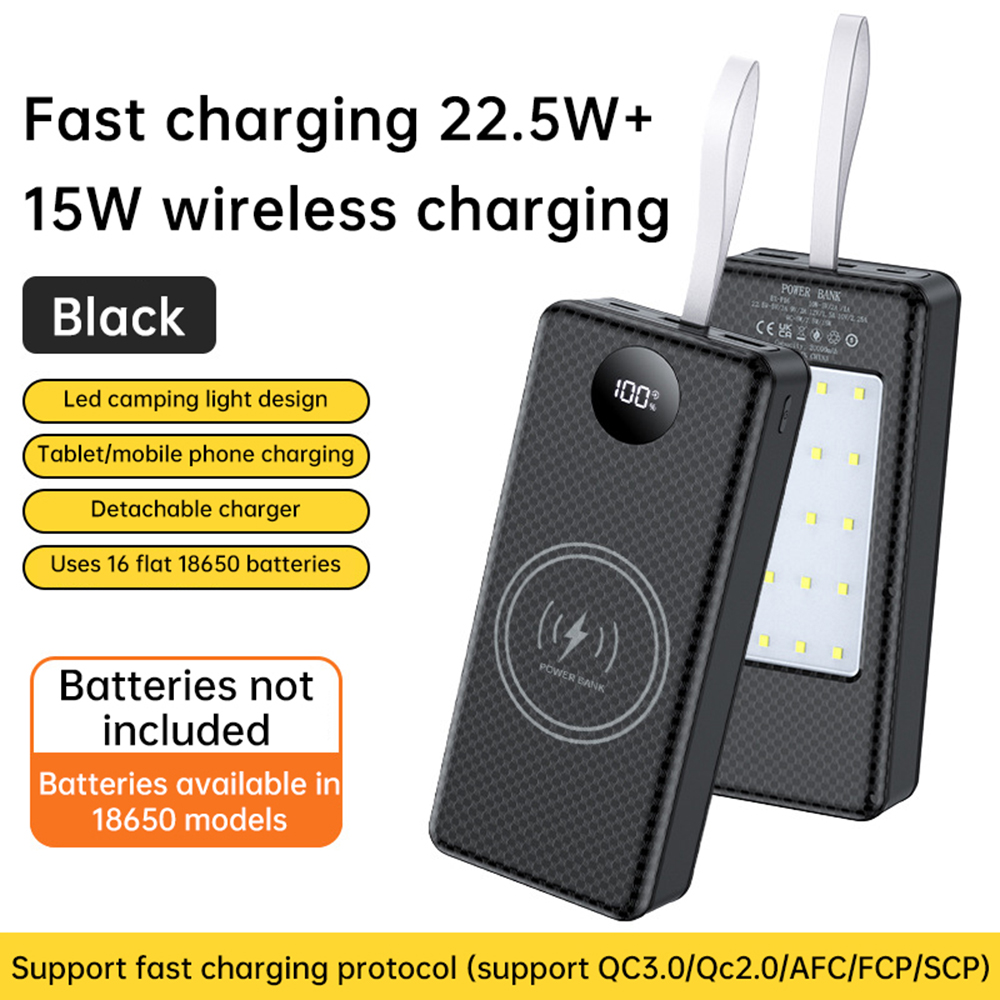 16 スロット 18650 バッテリー DIY パワーバンクケース 20000mA 15W ワイヤレス充電および PD22.5W 高速充電 DIY シェル LED ライト付き