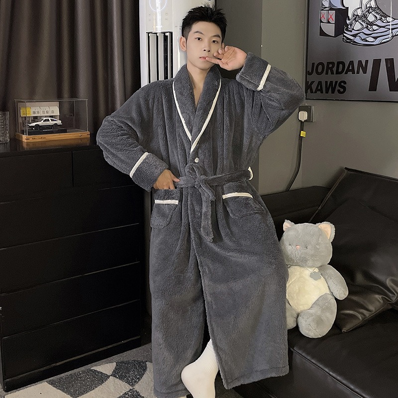 大サイズ冬厚いフランネルローブ男性ロング着物バスローブガウンサンゴフリースパジャマホーム服ナイトウェアラウンジウェア