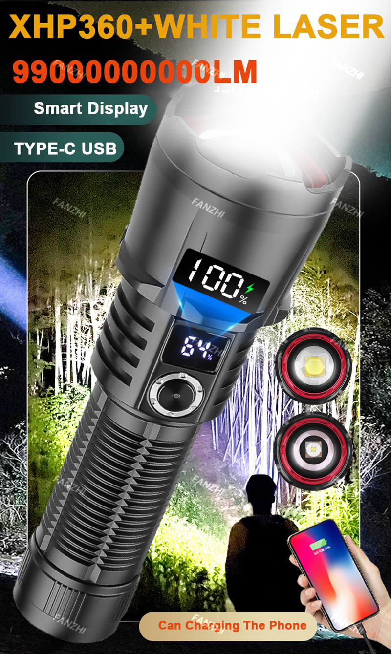 9900000000LM XHP360 懐中電灯 LED 500 ワットホワイトスポットライトズーム強い光ロングショット屋外金属スイッチホット OLED パワーディスプレイ
