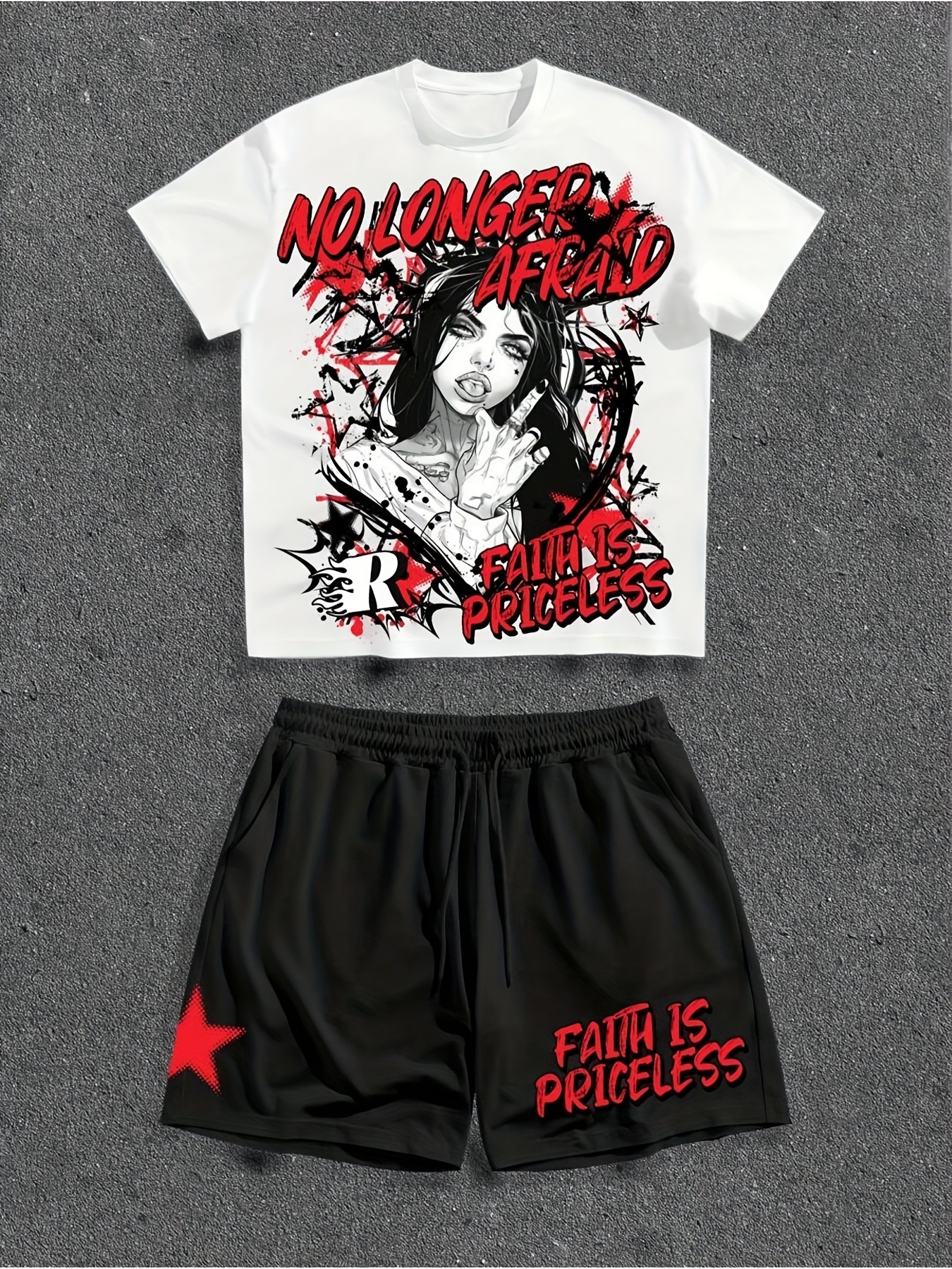 夏のファッションメンズキャラクターレタープリント快適通気性ラウンドネックTシャツショーツセットアウトドアカジュアル服