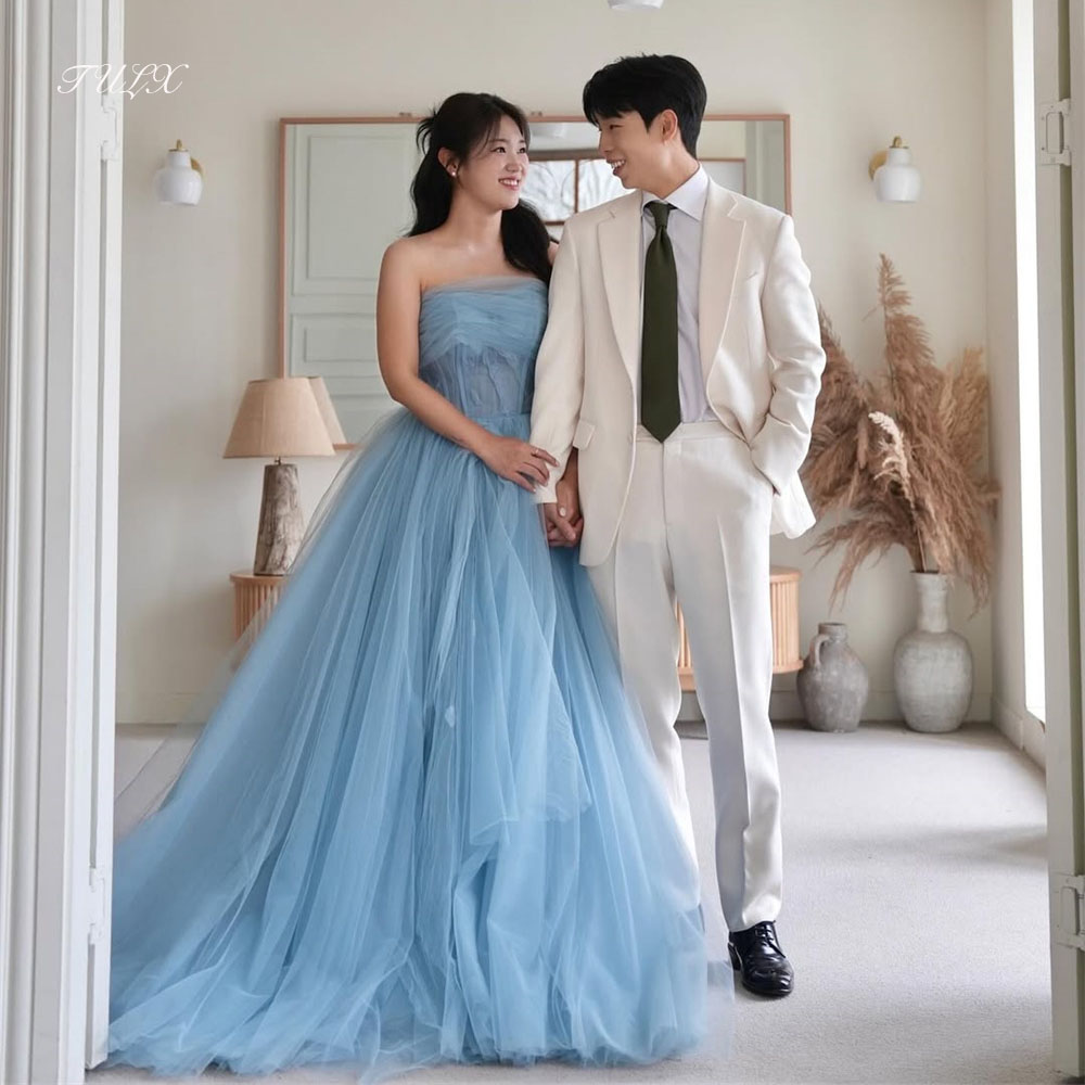 TULX プリンセスブルーチュールイ​​ブニングドレス韓国結婚式の写真撮影ストラップレスノースリーブ A ラインロングパーティードレスコルセットカスタマイズ