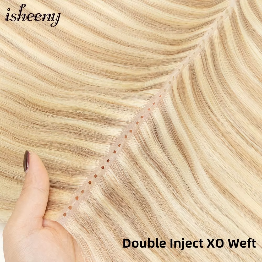 ダブル注入 XO 穴横糸人毛エクステンション 12 "-24" 目に見えないツインタブ横糸ヘアナチュラルストレートプルスルーマイクロヘア