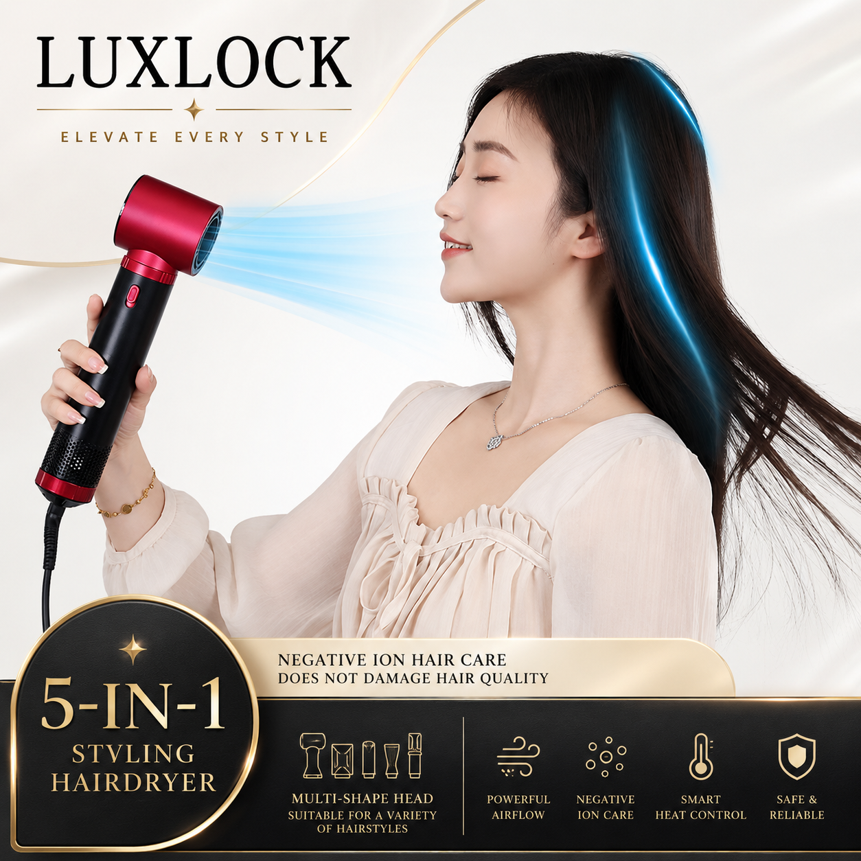 LUXLOCK ブラシレス 5-in-1 ヘアドライヤー ヘアアイロン 熱風コーム ヘアアイロン スタイリング キット - 家庭用スタイリングツール ギフト
