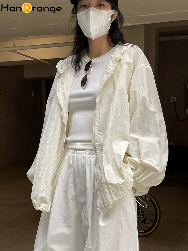 HanOrange 2026 夏光透明フード付きジッパー日焼け止めジャケット女性ルーズシルエット薄型長袖ジャケット女性'
