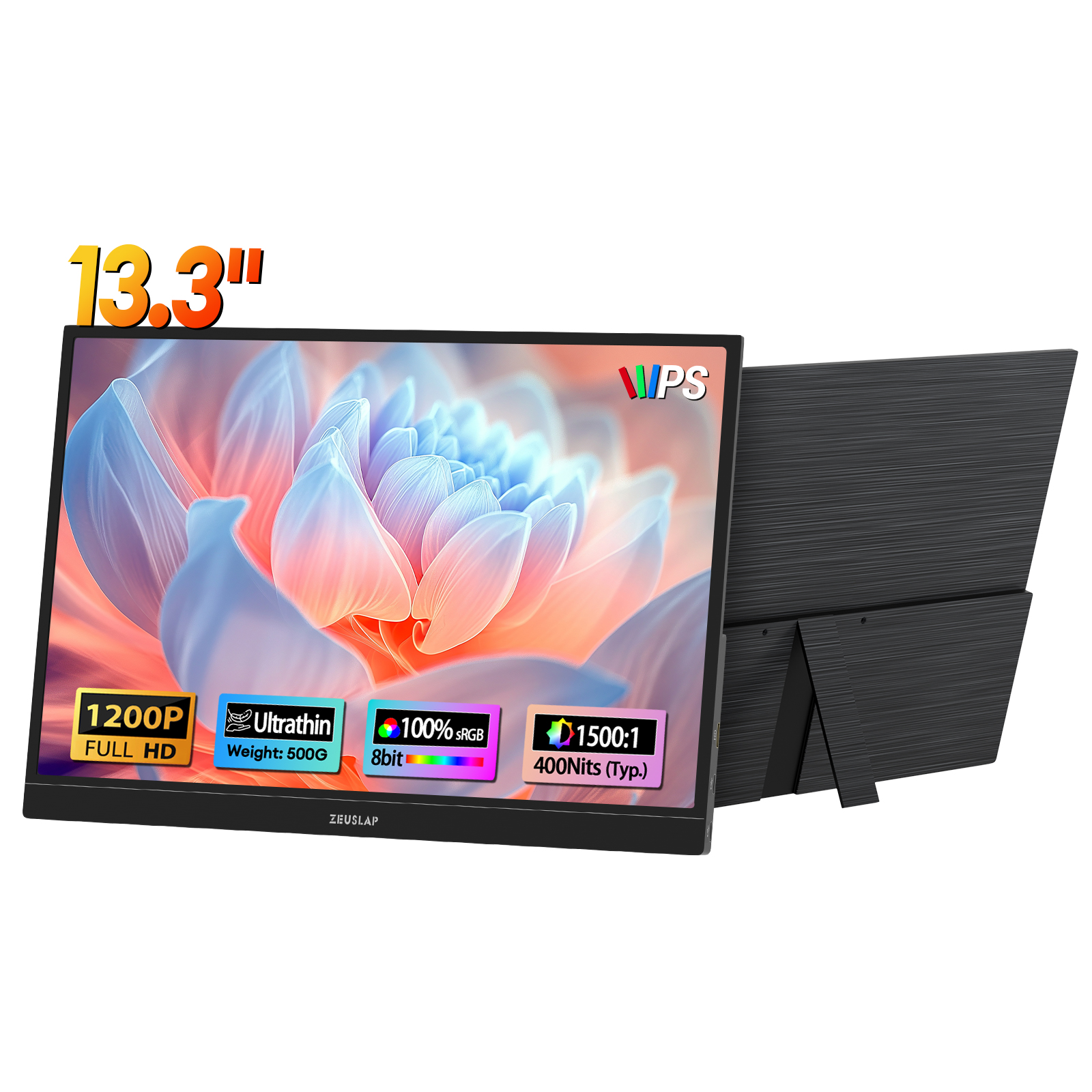 ZEUSLAP New13.3" FHD 1920x1200 IPS Panel 400Nits 100% sRGB USB C/HDMI Portable Monitor for Phone/Car/NS/PS5/PC Second Display
