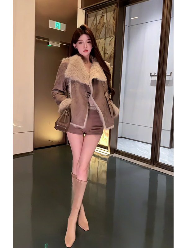 暖かい Thi ort 毛皮の襟革と毛皮のインテテッドコート女性秋冬ストレートチューブヴィンテージ Sle 痩身アウター...