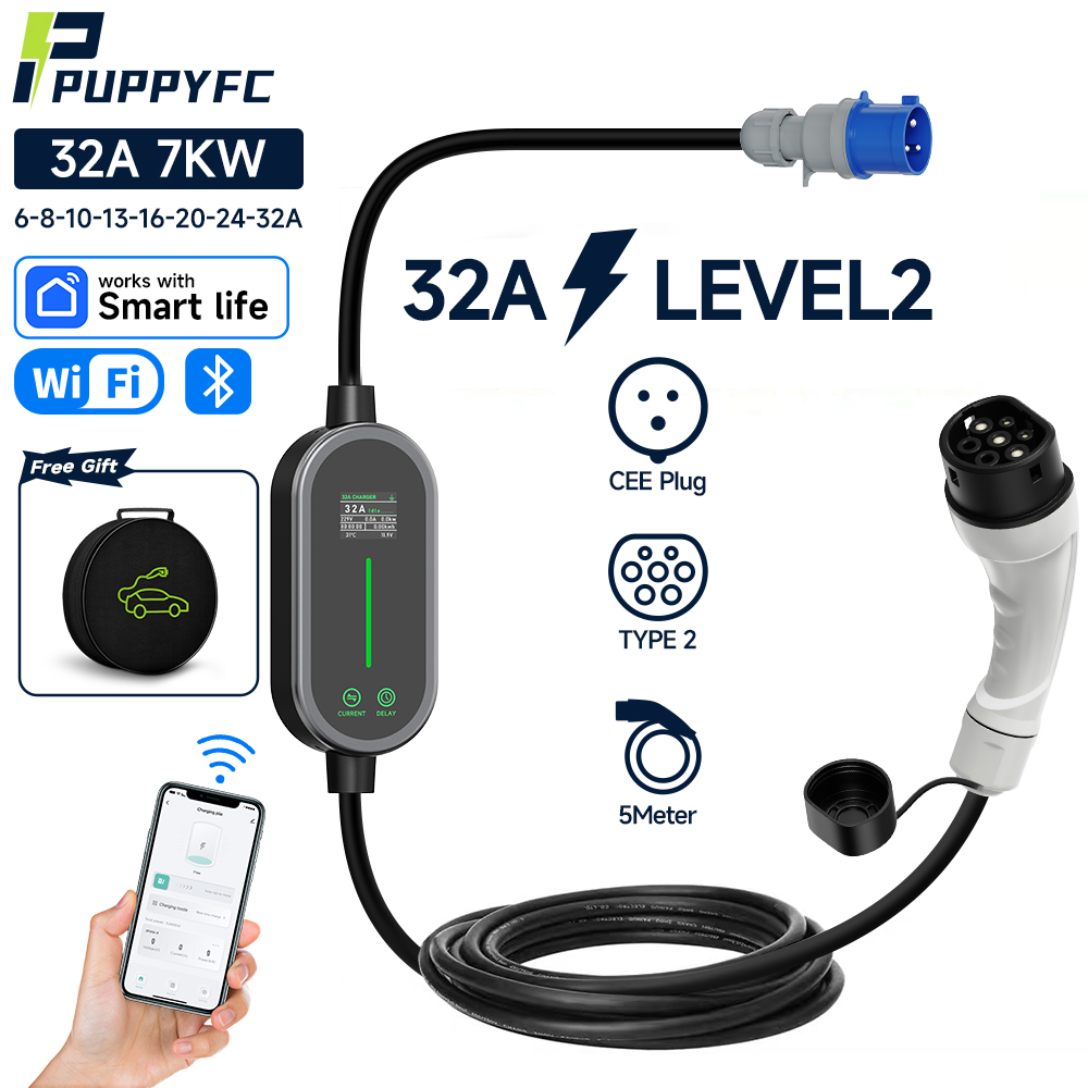 Puppyfc Type2 ポータブル EV 充電器 32A 7KW 1 相ウォールボックス Type1 EVSE 充電ケーブル CEE プラグ WiFi 付き電気自動車用