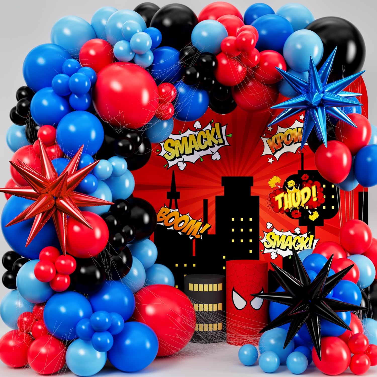 黒赤青ラテックスバルーンガーランドスパイダーテーマバルーンアーチキットスーパーヒーロースパイディ誕生日男性パーティーの装飾用品