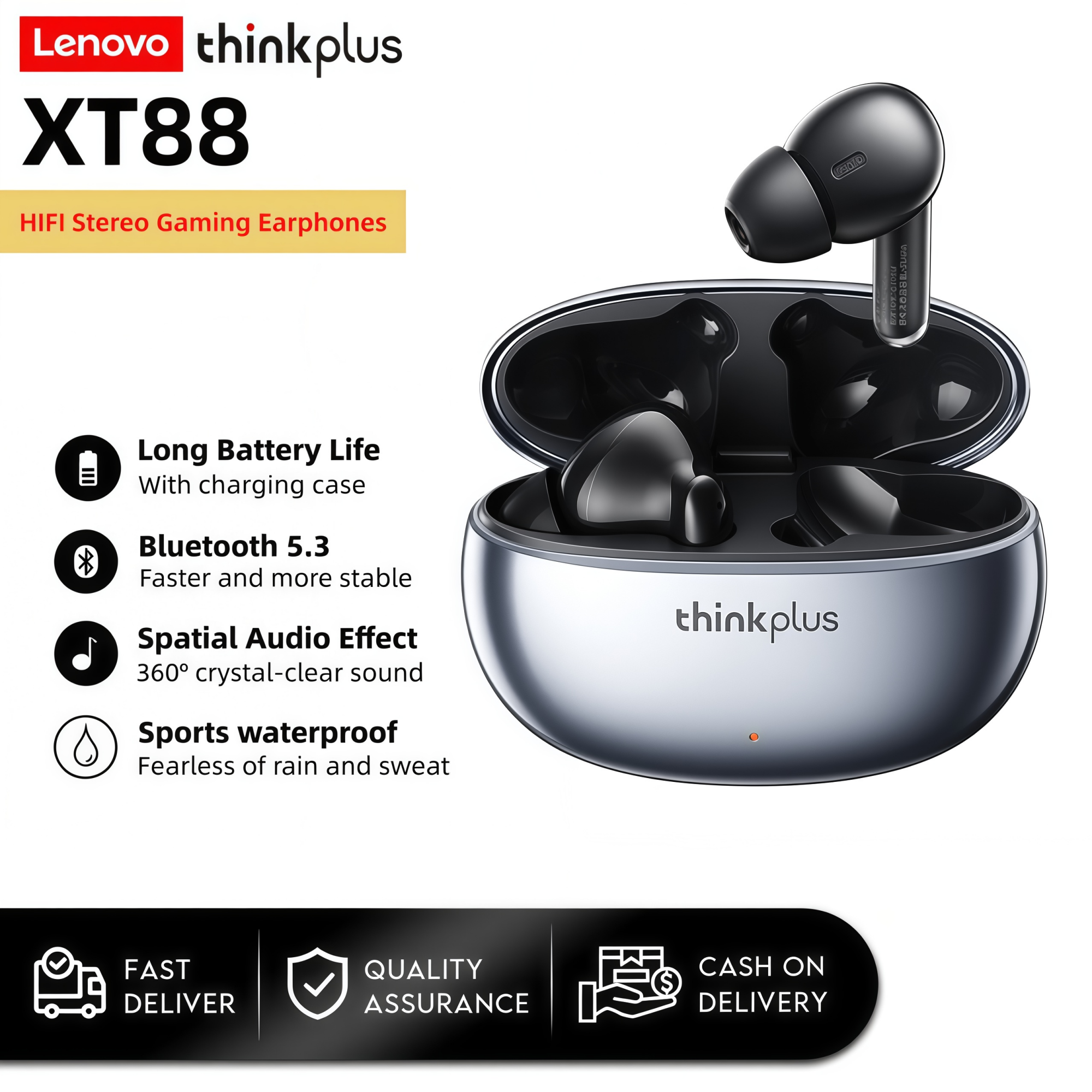 Lenovo ワイヤレス Bluetooth イヤホン快適なフィット感汗防止インイヤー HiFi サウンド低遅延ゲーミング ヘッドセット スポーツ イヤフォン