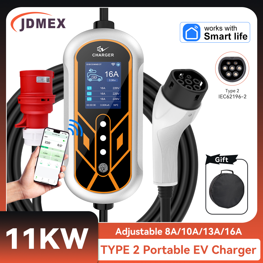 JDMEX 11KW Type2 EV Charger Portable 5M Cbable With Wireless APP Control 16A 3Phase IEC 62196-2 EVSE Charging CEE Plug