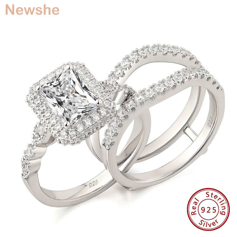Newshe ソリッド 925 スターリングシルバー モアッサナイト/AAAAA ジルコン結婚指輪セット女性用婚約指輪取り外し可能なガードバンド