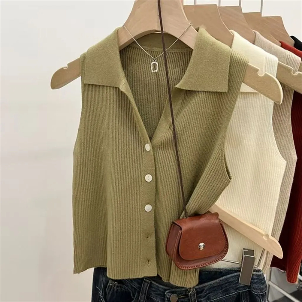 ソリッドカラーニット女性クロップカーディガン韓国シングルブレストノースリーブセーターベスト夏シンプルなポロネックすべて一致生き抜く