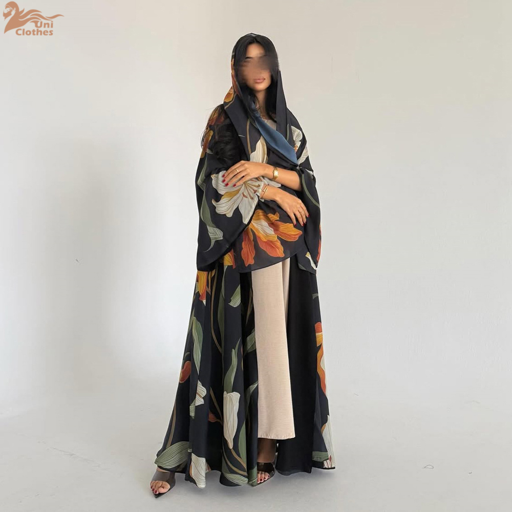 Uni Dubai Fashion Floral Print Open Abaya Muslim Elegant Cardigan With Hijab Scarf 2025 Feminine Clothes