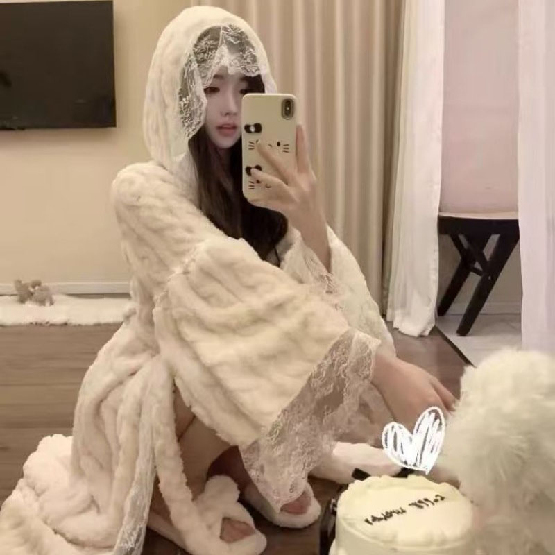 レースローブ女性パジャマ暖かいフリースパジャマワンピースネグリジェフード付き睡眠ホームウェア冬寝間着ベルトナイトウェア