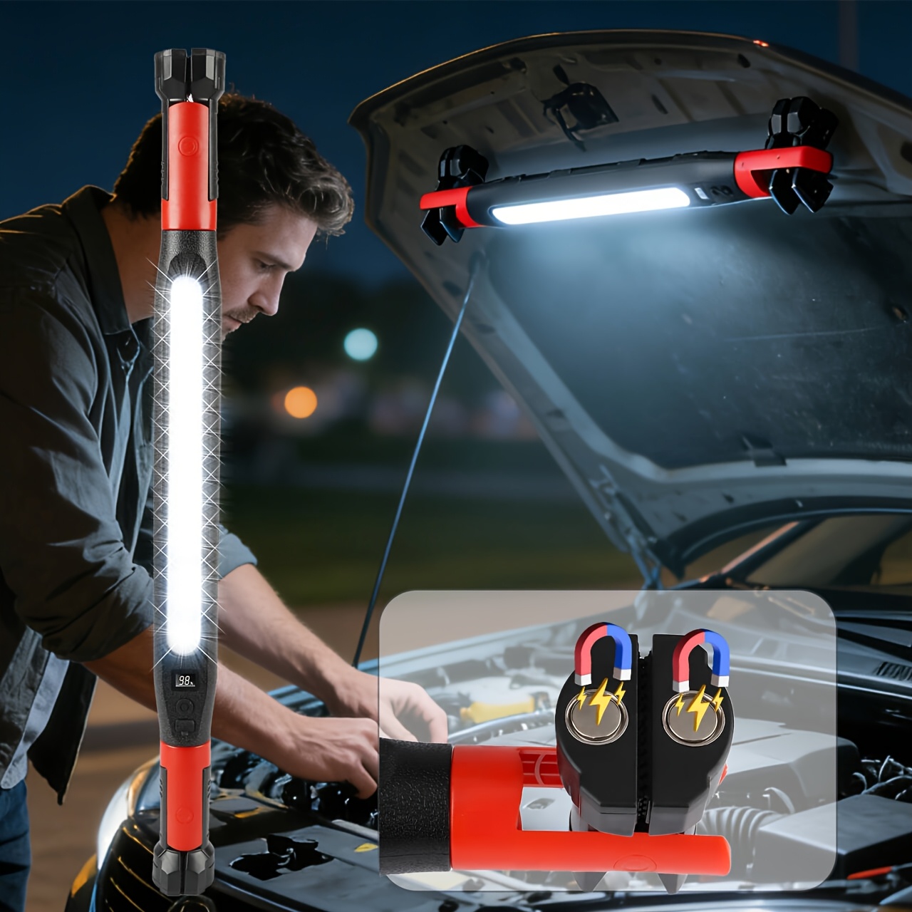 ポータブル LED 磁気ワークライト充電式アンダーフードワークランプフック回転磁気ベース車の修理緊急