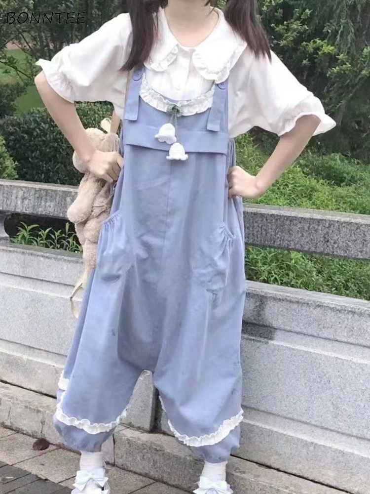 ブルージャンプスーツ女性ワイドレッグレトロファッション Y2k 和風春学生素敵なオールマッチだぶだぶレジャーガールズトレンディデイリー