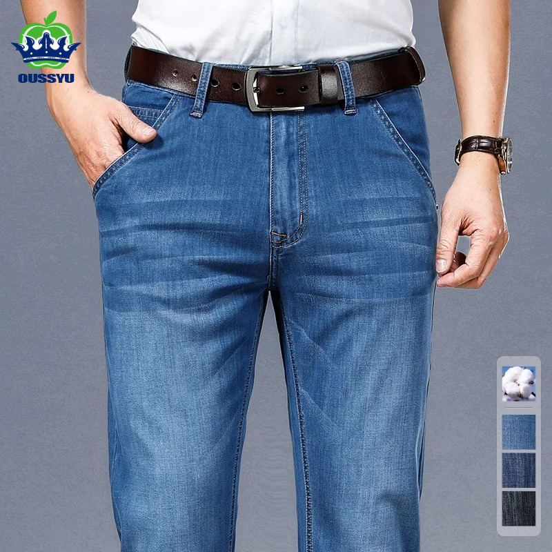 ブランド服高品質夏の綿メンズジーンズクラシックビジネスストレートワークデニム黒パンツズボン男性プラスサイズ 40
